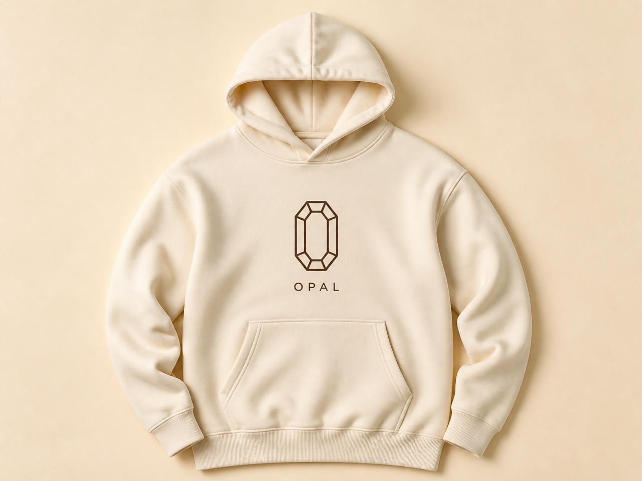 Cream OPAL hoodie flat lay with espresso gem logo